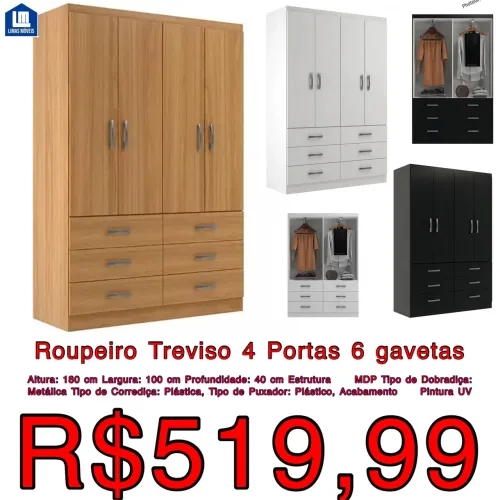 Guarda-Roupa Treviso 4 Portas 6 Gavetas