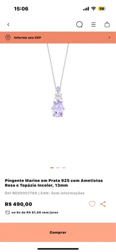 Pingente Marine em prata 925 com ametista rosa e topázio incolor