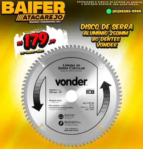 Disco de Serra Alumínio 250mm 80 Dentes Vonder