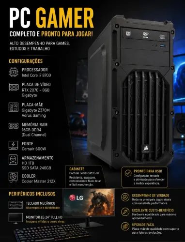PC Gamer i7 8700 + RTX 2070 8GB + 16GB RAM + Monitor LG 24 Full HD + Fonte Corsair 600W 80
