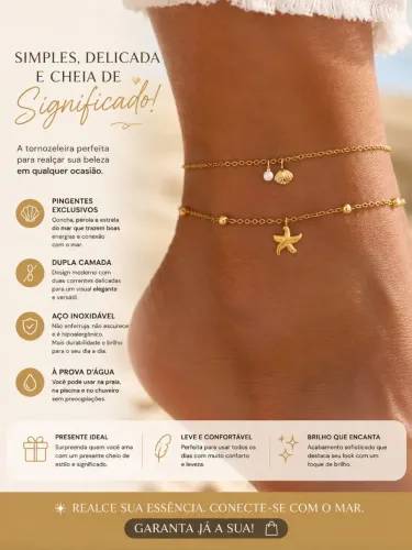 Tornozeleira Dupla Aço Inoxidável Concha Pérola Estrela do Mar - À Prova D'Água