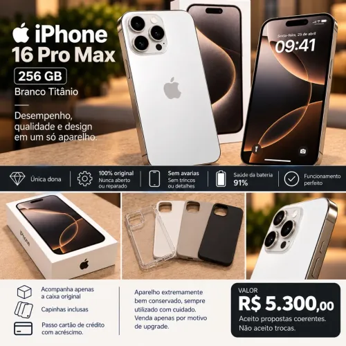 iPhone 16 Pro Max 256GB Branco - Única Dona - Impecável