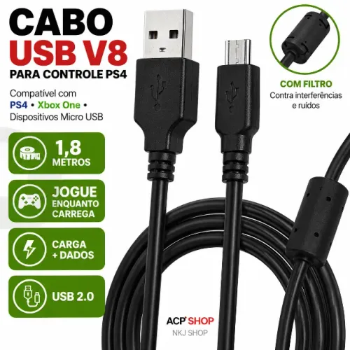 Cabo Para Carregar Controle Ps4 com 1,80 Metros 