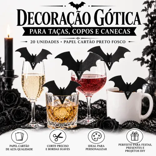 20 Morcegos para Borda de Taças Copos Canecas Decoração Festa Gótica Halloween