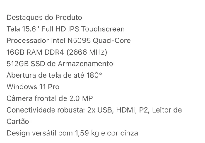 notebook Aitek touchscreen Memória RAM: 16 GB DDR4. Armazenamento: 512 GB SSD. Windons 11