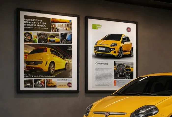 Fiat Punto TJet 2013 2014 - Kit 2 Quadros decorativos com propaganda original de revista