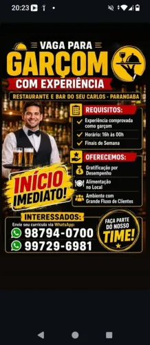 Vaga Garçom Início Imediato