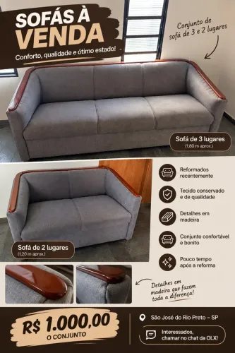 * Sofás 3 e 2 Lugares com Detalhes em Madeira