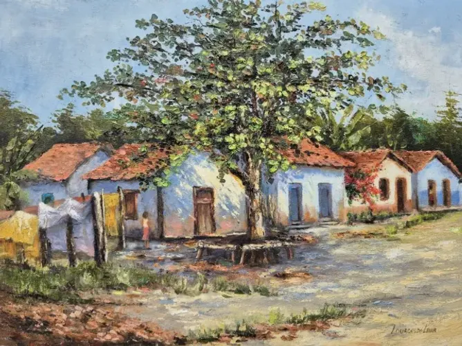 Tela pintada a óleo com vilarejo, medindo 30x40cm