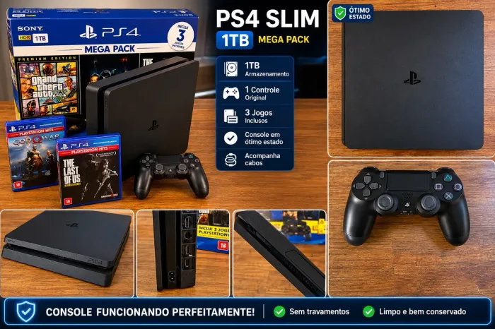 PS4 slim 1TB com pouquíssimo uso 