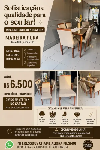 Mesa de Jantar 6 Lugares em Madeira Maciça