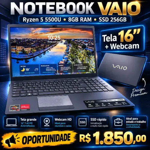 Notebook VAIO Ryzen 5 5500U | 8GB RAM | SSD 256GB | Tela 15,6? Full HD