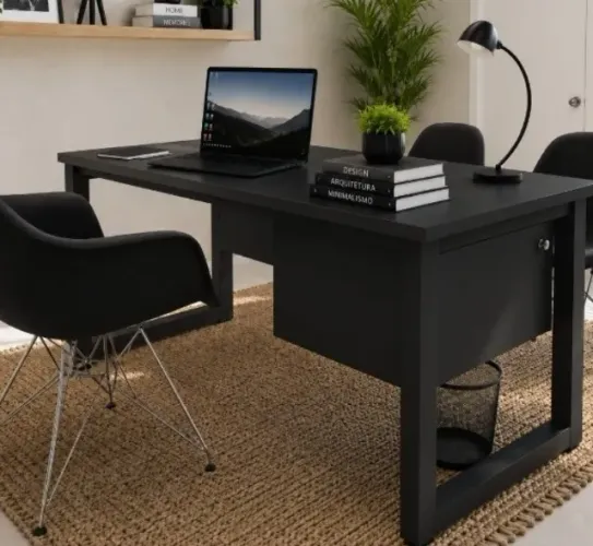Mesa de Escritório Delluxe Black Wood. Armário Cofre. 120cm x 60cm x 74cm.