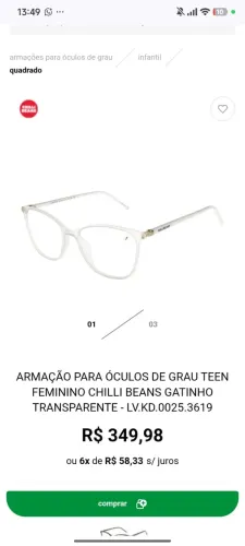 Armação de Óculos ChilliBeans Teens Transparente - Dentro da Caixa original