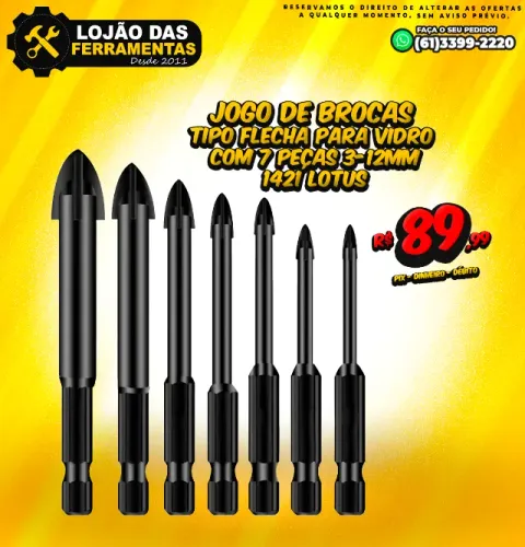Jogo de Brocas Tipo Flecha Para Vidro Com 7 Peças 3-12mm 1421 Lotus