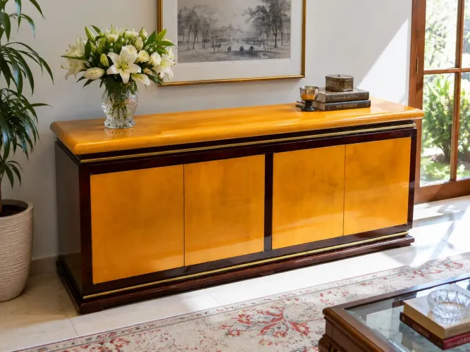 BUFFET VINTAGE DE LUXO - MADEIRA E PERGAMINHO EM PELE NATURAL - GRANDE PORTE ?