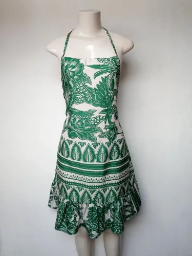 Vestido Curto Frente Única Estampa Tropical Verde e Branco Boho Praia Verão Tam M