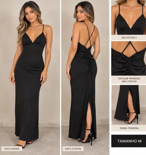 Vestido longo preto feminino com decote em V