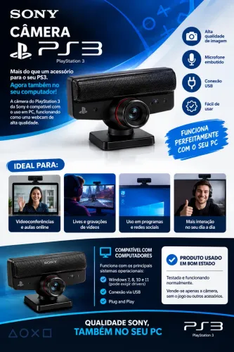 Camera Sony PlayStation 3 usada, compatível Webcam PC