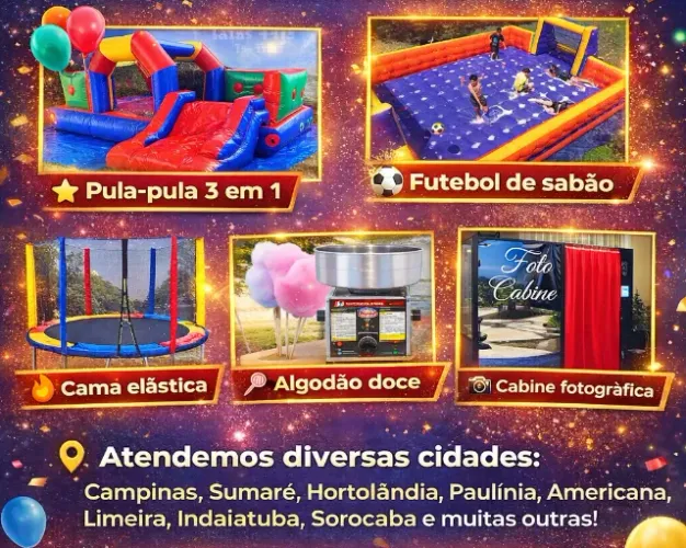 Cama elástica, pula-pula, Algodão doce, Cabine Fotográfica e futebol de sabão inflável.
