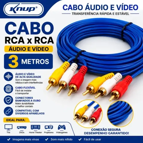 Cabo RCA3 x RCA3 Azul com 3 Metros