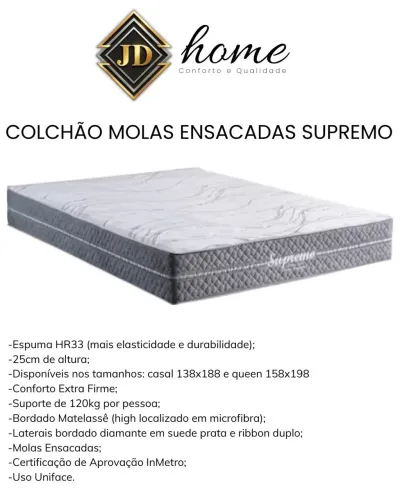 Colchão Molas Ensacadas Casal e Queen Supremo 25cm de Altura Suporte 120kg