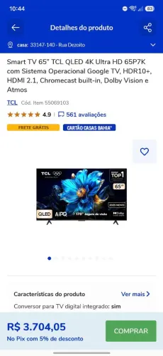 Smart TV 65" TCL QLED 4K Ultra HD