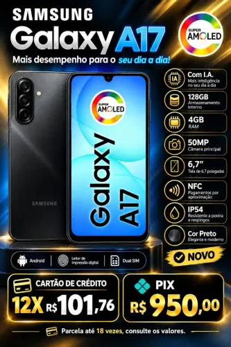 Celular Novo Samsung Galaxy A17 Preto 128gb 4gb RAM com I.A. e NFC.