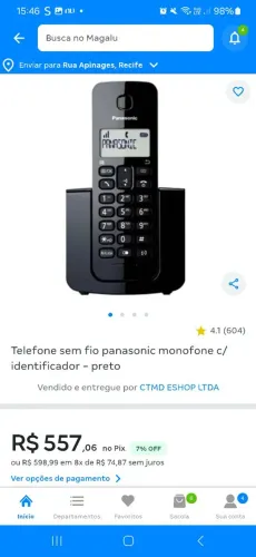 Telefone sem fio Panasonic kx tjb 110 bb preto piano com identificador de chamadas.