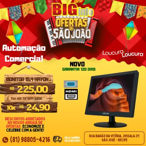 Monitor 15,4 Polegadas Pc Tela Led Hdmi Vga 12v 5ms 60hz - Em ate 10x Fixas