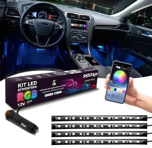 Kit 4 Tira Led Interior Do Carro Rgb Atmosfera 12 LEDs Controle Celular