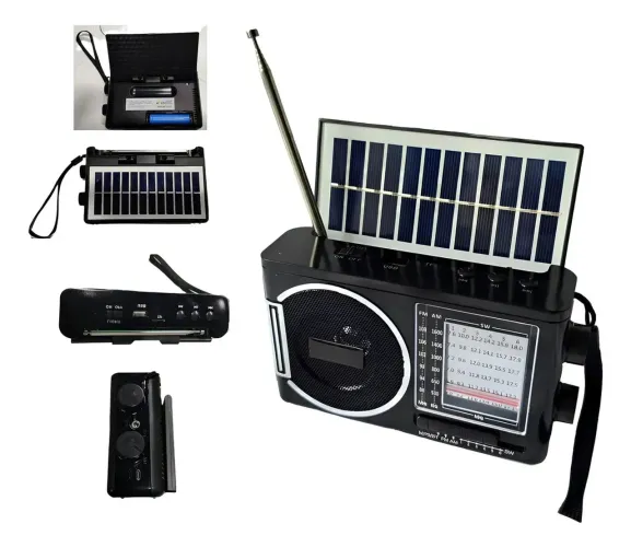 Radio Solar Bateria Recarregavel Bluetooth Usb Lanterna Fm Preto Multivoltagem