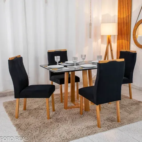 Mesa de Jantar Pedro 120×80 Vidro Preto 4 Cad. Lisboa Veludo Preto - Entrega Rápida!