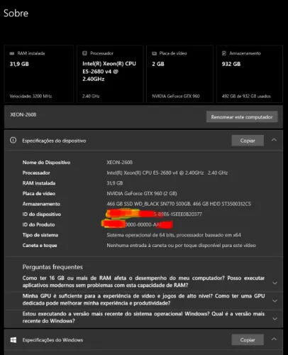 PC / Xeon 2680-V4 / 32GB RAM / SSD M2 500GB / GTX 960 2GB