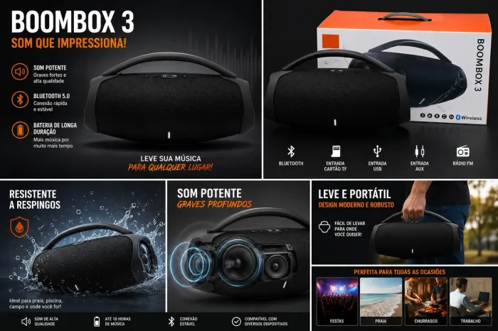 Boombox Bluetooth Potente Preta ? Som Alto, Grave Forte e Design Incrível