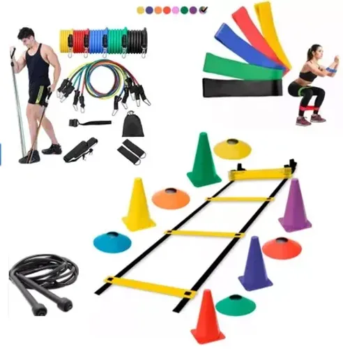 Kit Treino Funcional 5 Pratos 5 Cones 1 Escada 5 Mini Bands Kit 11 Elastico Fitness z1538