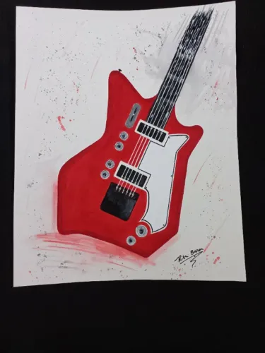 Guitarra Vermelha, Arte desenhada e pintada a mão, tamanho 53x43cm