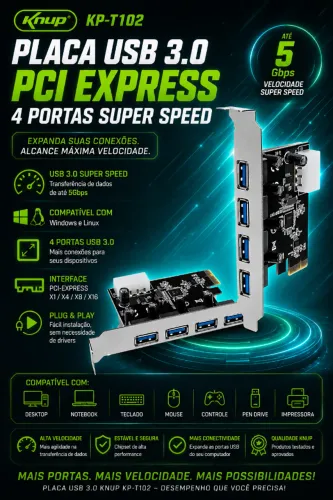 Placa USB 3.0 Knup PCI Express 4 Portas Super Speed KP-T102