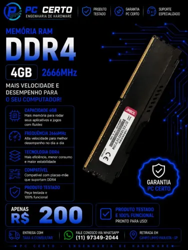 Memória RAM DDR4 4GB 2666MHz | Desktop | Testada | R$ 200