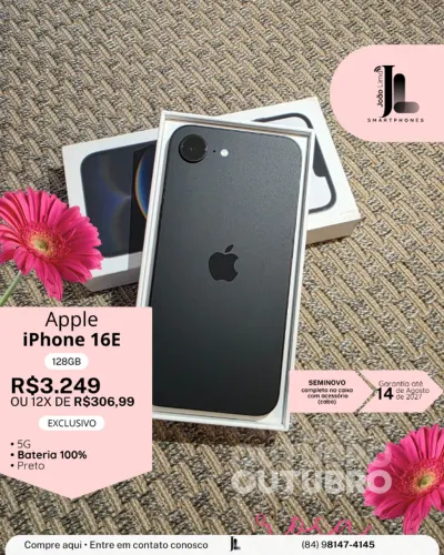 IPHONE 16E, 5G, 128GB, PRETO, BAT 100%, SEMINOVO NA GARANTIA , NA CAIXA, EXCLUSIVO!