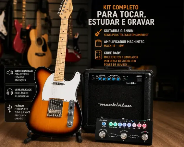 Kit Guitarra Giannini Sonic Plus Telecaster Sunburst + Amplificador MAXX-15 + Cube Baby