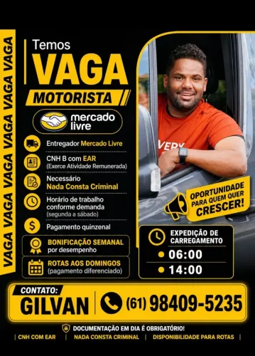 Vaga Motorista Entregador Com Experiência Mercado Livre  CNH +EAR