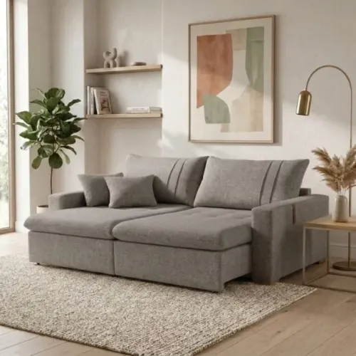 Sofá Cama Retrátil Moscou 2,30 m Linho, molas bonnel, braços 15cm - Confort Lar Estofados