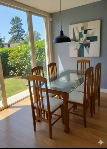 Mesa de jantar com cadeiras almofadada tampão de vidro