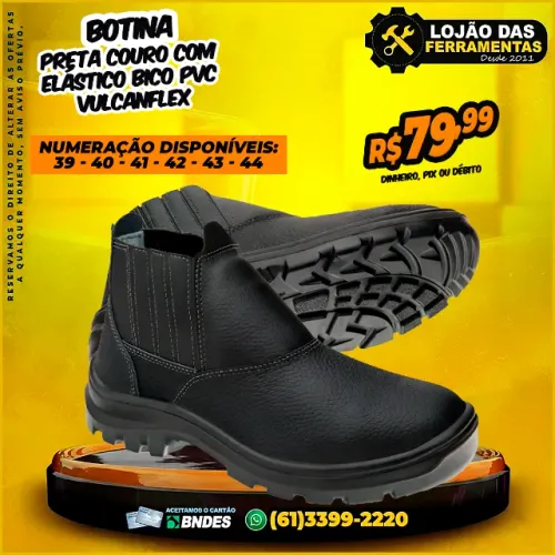 Botina Preta Couro Com Elástico Bico PVC VulcanFlex