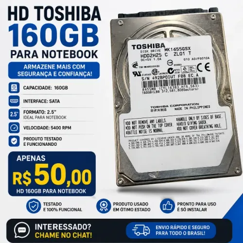 HD Toshiba 160GB SATA 2.5" para Notebook - Testado