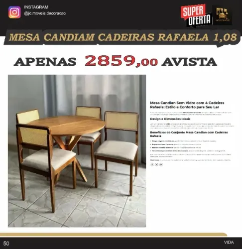 mesa candiam cadeiras rafaela 1,08 cm 