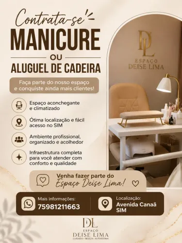 Contrata-se manicure ou aluguel de cadeira.