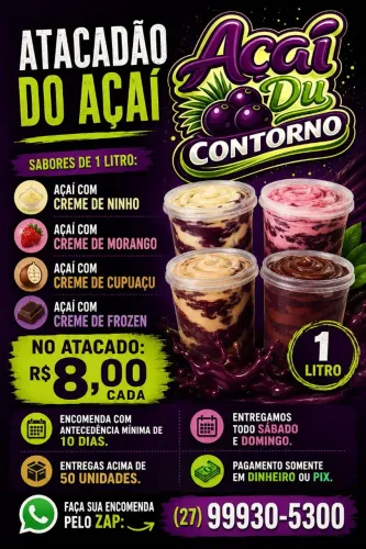 R$ 8 acima de 50 unidades pote de um litro de Açaí com recheios