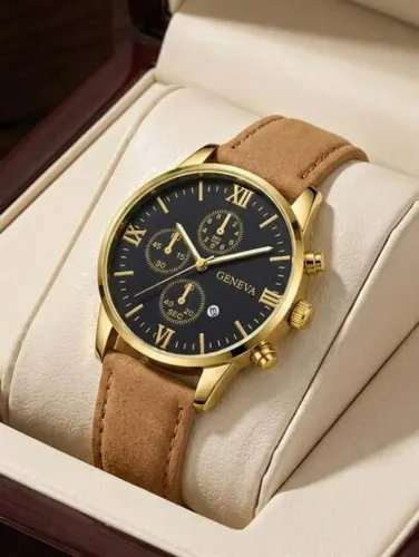 Relógio Escha C/ Calendário Cromado Gold Couro Camurça Bege Quartzo Luxuoso À prova D'Água